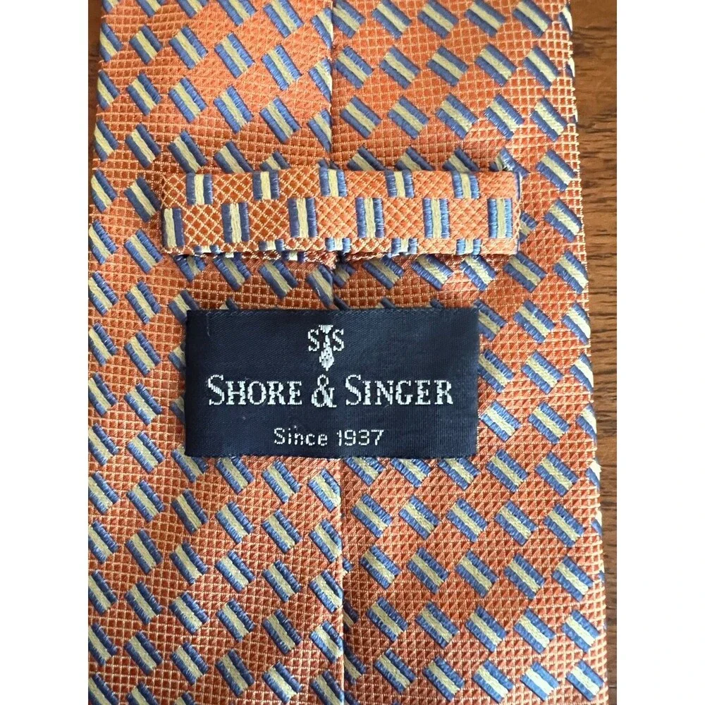 Shore & Singer Silk Tie, Orange Blue Geometric Men’s Necktie, Handmade Silk Busi